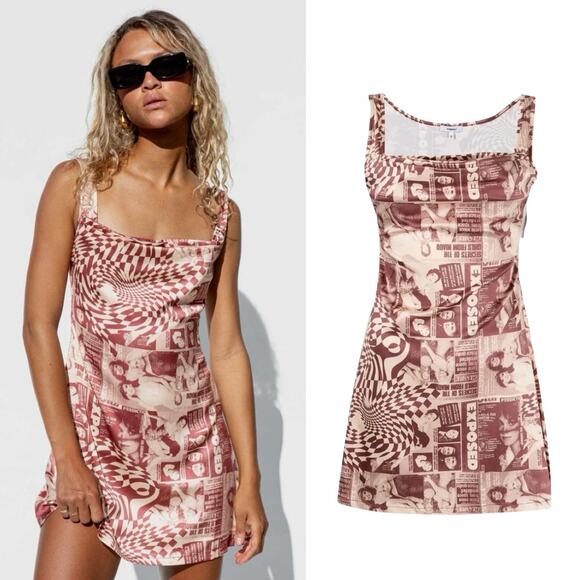 NEW Miaou Dress Ginger Red Wanted Magazine Print Draped Mini Dress Size L - Picture 1 of 10